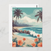 Carte Postale Plage tropicale, Océan, Hibiscus Fleurs (Devant / Derrière)
