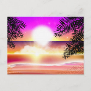 Carte Postale Plage tropicale Soleil avec vague océanique coloré