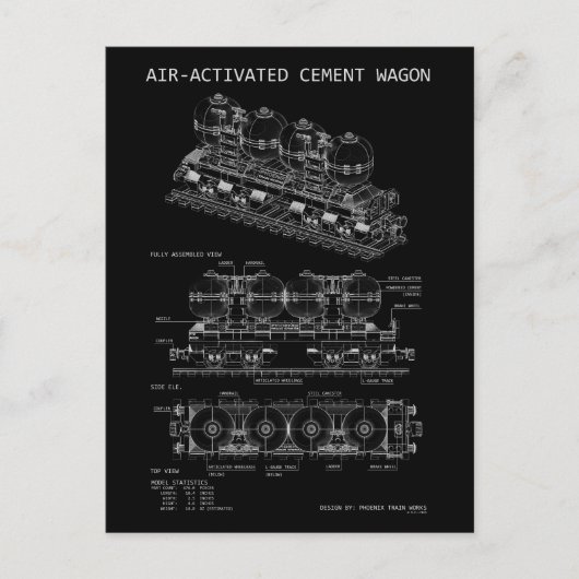 Carte Postale Plan "Blueprint" du train à ciment activé par air  (Devant)