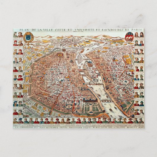 Carte Postale Plan de Paris bordé par une chronologie (Devant)