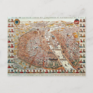 Carte Postale Plan de Paris bordé par une chronologie