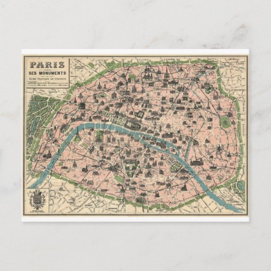 Carte Postale Plan de Paris et ses monuments (Devant)