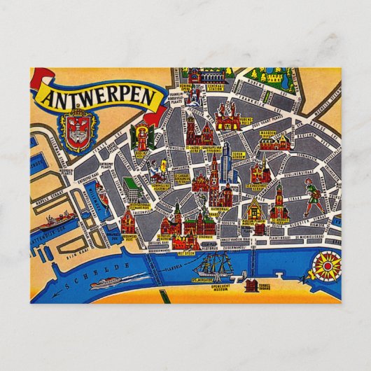 Carte Postale Plan de rue vintage d'Anvers (Devant)
