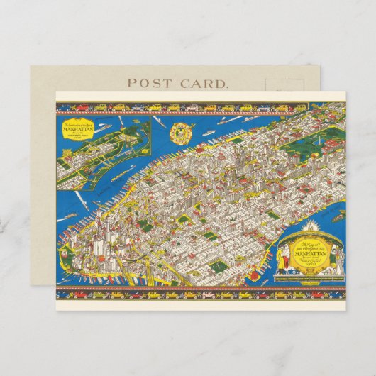 Carte Postale Plan illustré rétabli de Manhattan, édition amusan (Devant / Derrière)