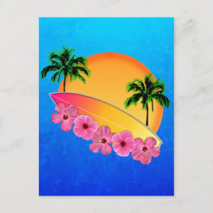 Carte Postale Planche de surf et fleurs d'Hibiscus