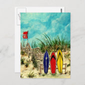 Carte Postale planche de surf surf art rouge jaune et bleu (Devant / Derrière)