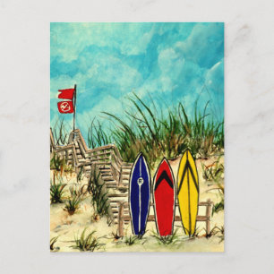 Carte Postale planche de surf surf art rouge jaune et bleu