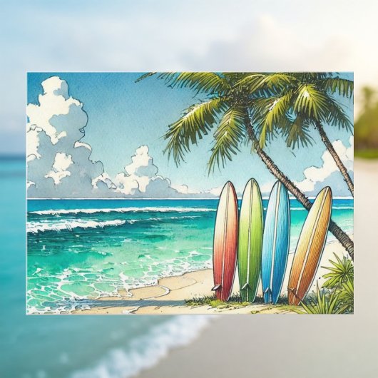 Carte Postale Planches de surf sur la plage Aquarelle et encre