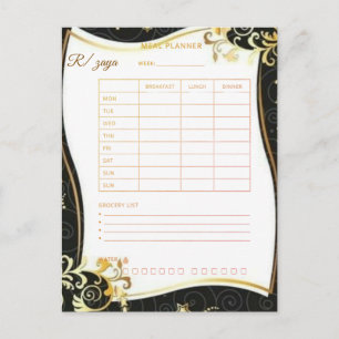 Carte Postale Planificateur de repas floral noir or Aquarelle &
