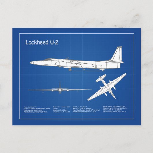 Carte Postale Plans de conception d'avion U-2 Dragon Lady ABD (Devant)