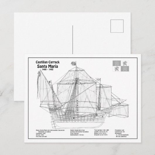 Carte Postale Plans de conception du navire Santa Maria BD (Devant / Derrière)