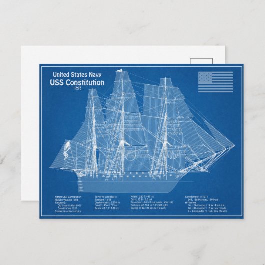 Carte Postale Plans de conception du navire USS Constitution ABD (Devant / Derrière)