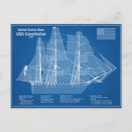 Carte Postale Plans de conception du navire USS Constitution ABD (Devant)