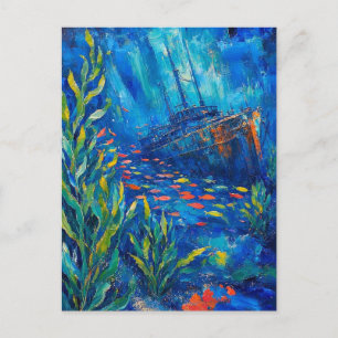 Carte Postale plantes océaniques navire englouti peinture abstra