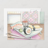 Carte Postale Plaque de sushi assorté avec baguettes (Devant / Derrière)