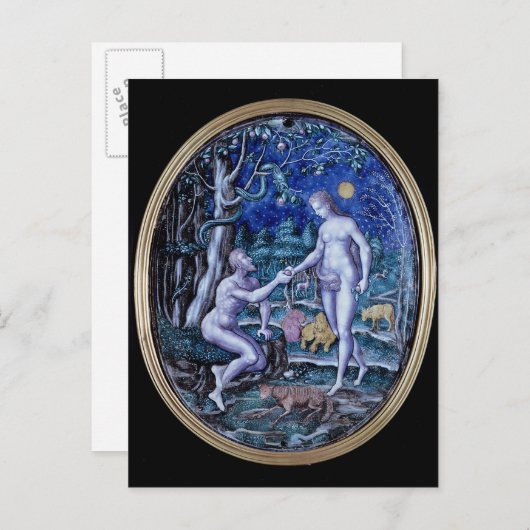 Carte Postale Plaque Limoges représentant Adam et Eve, c.1570 (Devant / Derrière)