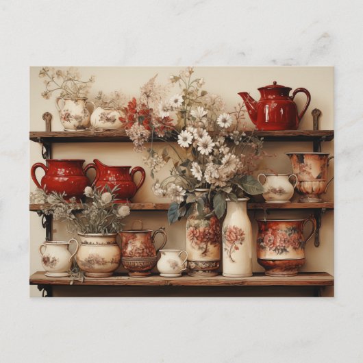 Carte Postale Plats Rouge Blanc Café Pot Creamer Sucre Daisers (Devant)