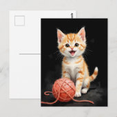 Carte Postale Playful Kitten Cat with Yarn Watercolor Print (Devant / Derrière)