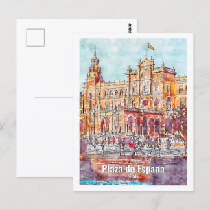 Carte Postale Plaza de Espana Espagne Fameux Voyage Aquarelle