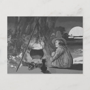Carte Postale Pleine lune Cauldron Chat Noir Sorcière Monochrome