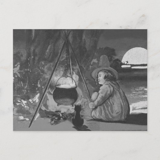 Carte Postale Pleine lune Cauldron Chat Noir Sorcière Monochrome (Devant)