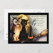 Carte Postale Pleine lune Chat noir Chat Chouette  Casquette de  (Devant / Derrière)