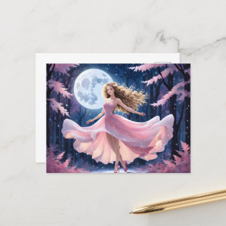 Carte Postale Pleine lune fille en robe rose