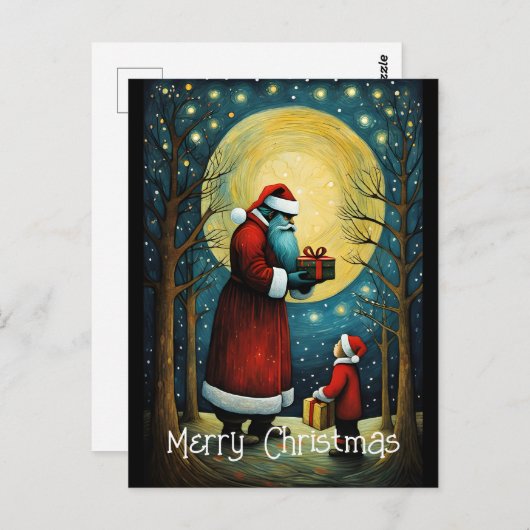 Carte Postale Pleine lune Père Noël Avec Enfant Cadeau De Noël (Devant / Derrière)