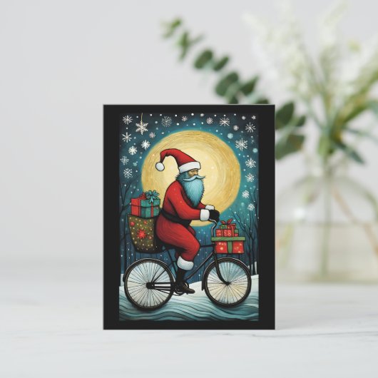 Carte Postale Pleine lune Père Noël Vélo présente Noël (Debout devant)