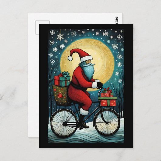 Carte Postale Pleine lune Père Noël Vélo présente Noël (Devant / Derrière)
