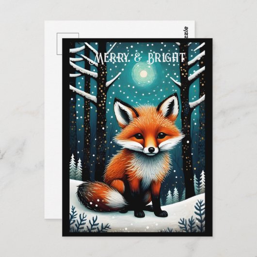 Carte Postale Pleine lune Snowy Night Forêt mite Fox Noël (Devant / Derrière)