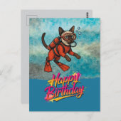 Carte Postale Plongeur en scaphandre plongée chat joyeux anniver (Devant / Derrière)