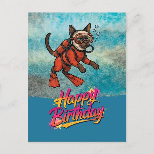 Carte Postale Plongeur en scaphandre plongée chat joyeux anniver (Devant)