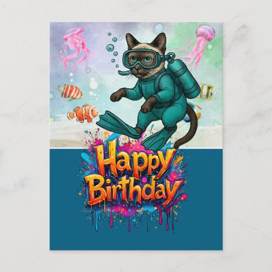 Carte Postale Plongeur en scaphandre plongée chat joyeux anniver (Devant)
