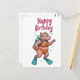 Carte Postale Plongeur hippopotame sous l'eau Joyeux Anniversair