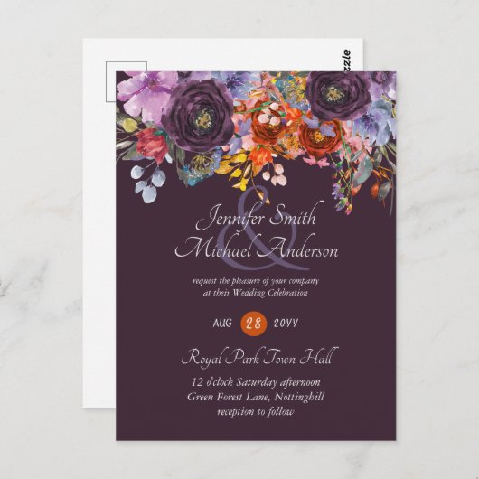 Carte Postale Plum Ginger Fuchsia Mariage Floral Invite Budget (Devant / Derrière)