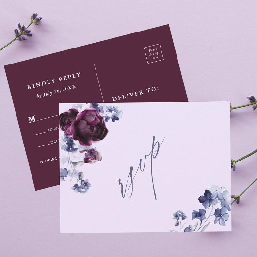 Carte Postale Plum Purple & Indigo Blue Floral Wedding RSVP