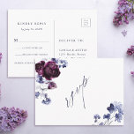 Carte Postale Plum Purple & Indigo Blue Floral Wedding RSVP<br><div class="desc">Cette carte postale rsvp de mariage présente un bouquet d'aquarelle de pivoines prune violette et des fleurs bleu indigo avec une calligraphie élégante. Pour une personnalisation plus avancée de cette conception,  cliquez sur le BOUTON OUTIL DESIGN. Des articles correspondants sont également disponibles.</div>