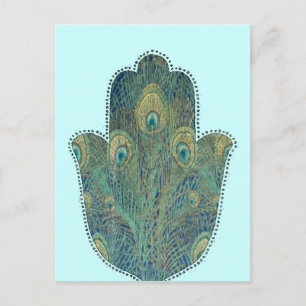 Carte Postale Plume de paon Hamsa Judaica bohème