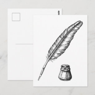 Carte Postale Plume d'oie dessinée à la main avec un encrier