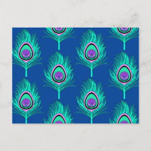 Carte Postale Plumes de paon, Aqua sur le bleu profond de Cobalt