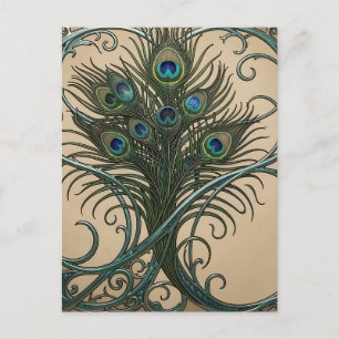 Carte Postale Plumes de paon Art nouveau Cadre sarcelle orné