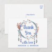 Carte Postale Plumes tribales Merci Mariage Boho bleu (Devant / Derrière)