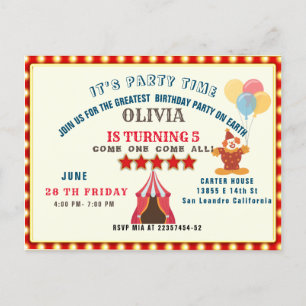 CARTE POSTALE PLUS GRANDE FÊTE D'ANNIVERSAIRE THÈME CIRQUE 5 ANS