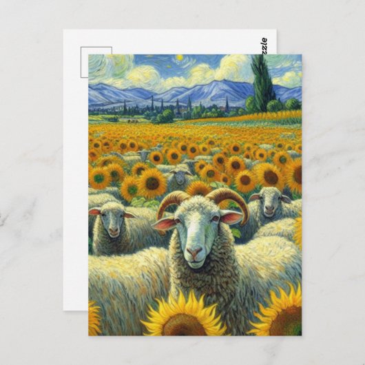 Carte Postale Plusieurs moutons dans le champ de tournesol Van G (Devant / Derrière)