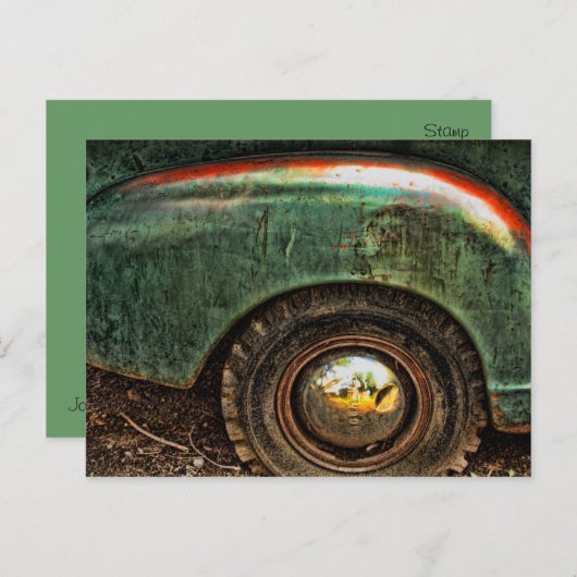 Carte Postale Pneu de Camion Vieux Vert Rusty Grungy Pneu Hubcap (Devant / Derrière)