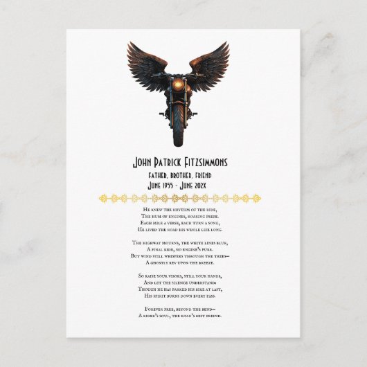 Carte Postale Poème à la mémoire des motocyclistes (Devant)