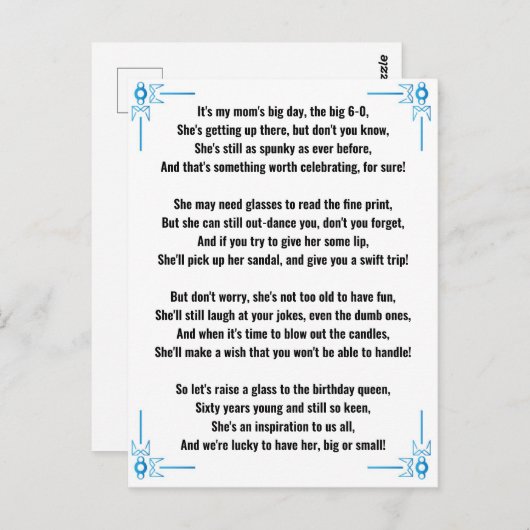 Carte Postale Poème drôle pour les 60 ans d'une femme (Devant / Derrière)