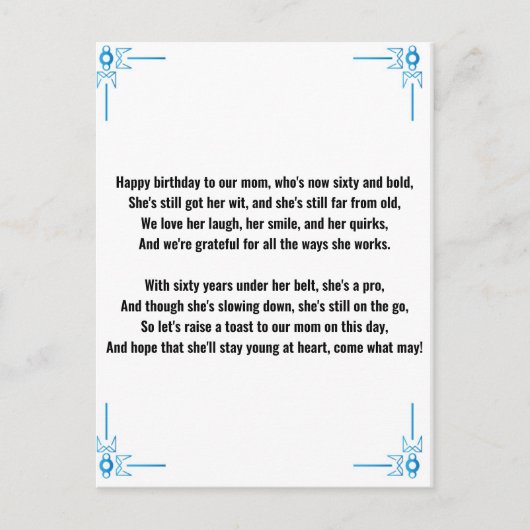 Carte Postale Poème drôle pour une femme de 60 ans (Devant)