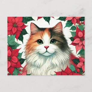 Carte Postale Poinsettia Calico Cat Noël